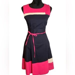 Truco Anthropologie sleeveless block pink,white and‎ blue tie waist dress. SZ 38